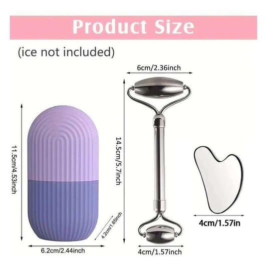 3 in 1 Ice Roller and Gua Sha Set with stainless steel tools and storage bag for facial massage and skincare relaxation