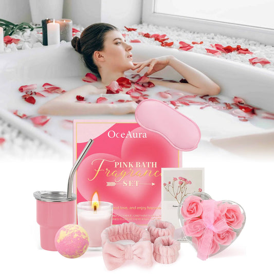 9 Piece Pink Bath Fragrance Set Contains Bath Bombs Hair Band Cup Scented Candle Etc Clean Body Relaxing Bath Kit for Woman Gift
