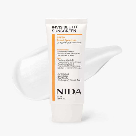 NIDA Invisible Fit Sunscreen SPF 50 bottle with lightweight, invisible sun protection and skin-nourishing ingredients