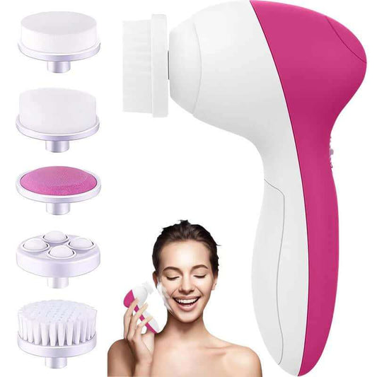 5-in-1 facial cleansing brush with 7 interchangeable heads for deep skin cleansing and exfoliation