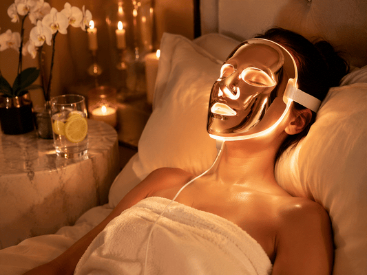Woman wearing at-home LED mask for facial light therapy treatment at home