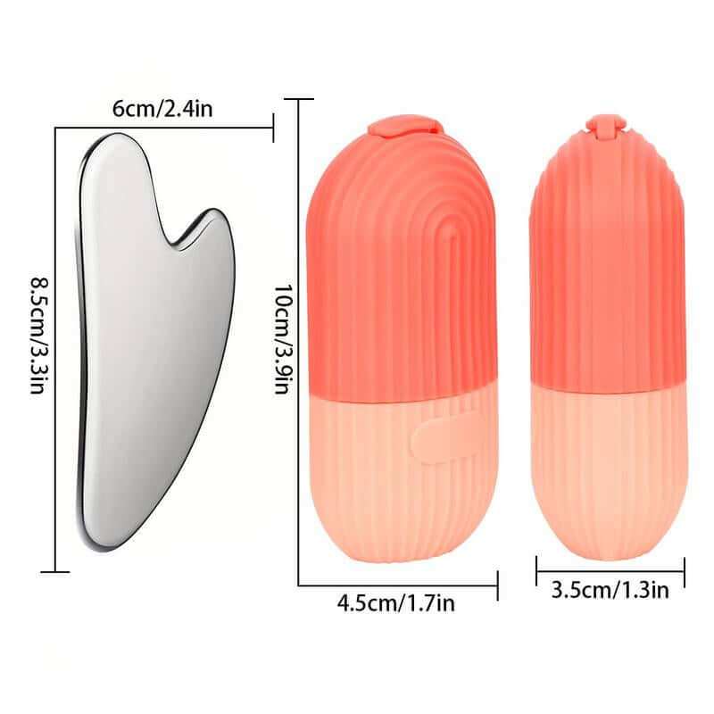 Facial Ice & Gua Sha Set with silicone ice mold, ice roller, and stainless steel tool for youthful, radiant skin and reducing puffiness.