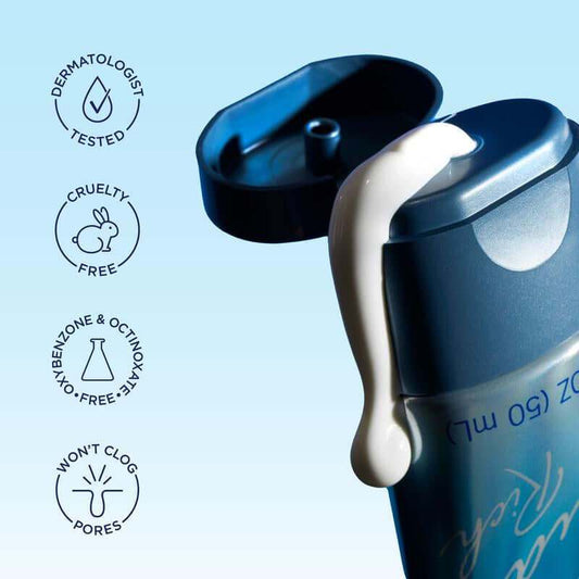 Bioré Aqua Rich UV Shield SPF 50 facial moisturizer tube with blue and white packaging on white background