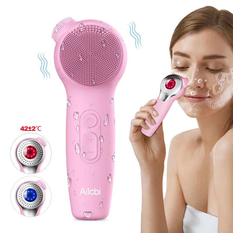Premium silicone facial cleansing brush with red and blue light therapy for deep skin cleansing and massage