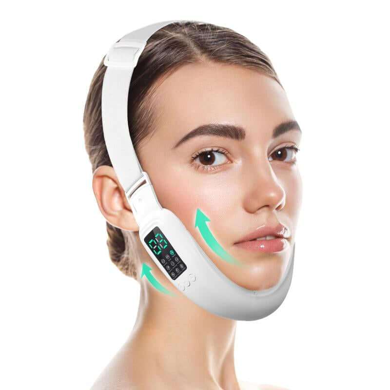 V-Face Sculpting Device ergonomic double chin and jawline massage machine with adjustable straps and multiple modes