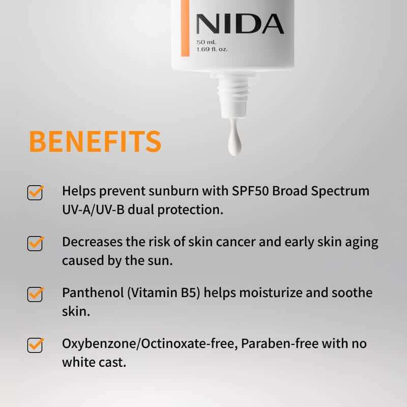 NIDA Invisible Fit Sunscreen SPF 50 bottle with clear, lightweight, broad spectrum sun protection