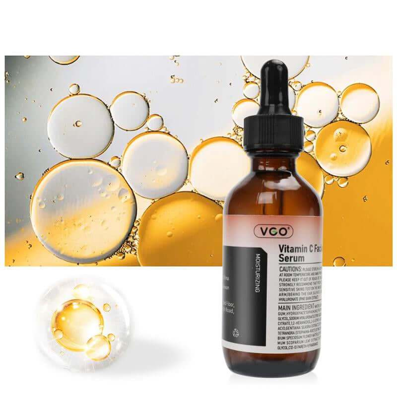 VGO Daily Glow Vitamin C Serum bottle with vibrant orange liquid and natural light background