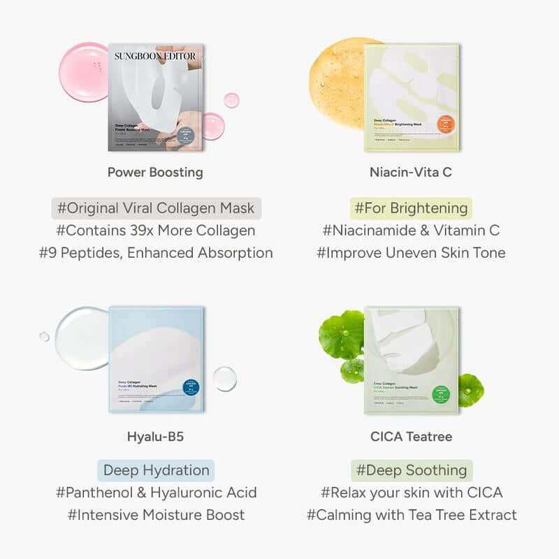 Deep Collagen Hydration Mask packaging with hydration benefits and collagen ingredients displayed