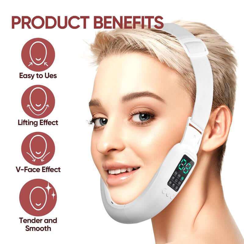 V-Face Sculpting Device with ergonomic design and adjustable head strap for double chin and jawline massage