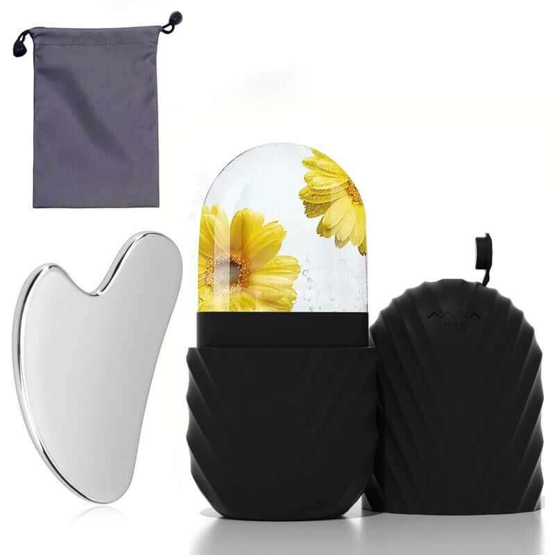Facial Ice and Gua Sha Set with silicone ice mold, ice roller, and stainless steel gua sha tool for youthful skin and reduced puffiness