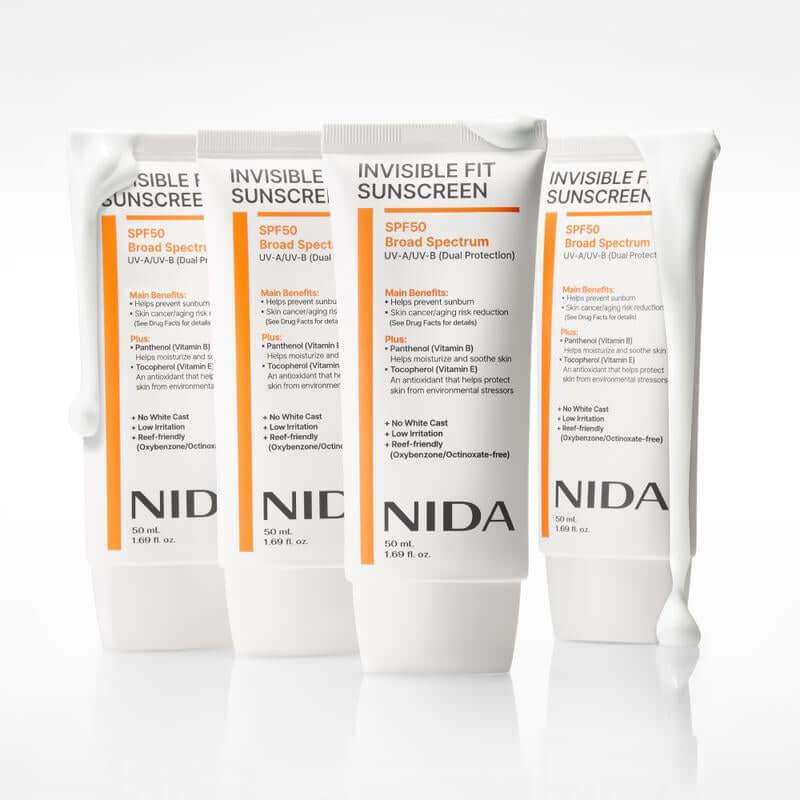 NIDA Invisible Fit Sunscreen SPF 50 tube with lightweight, invisible sun protection