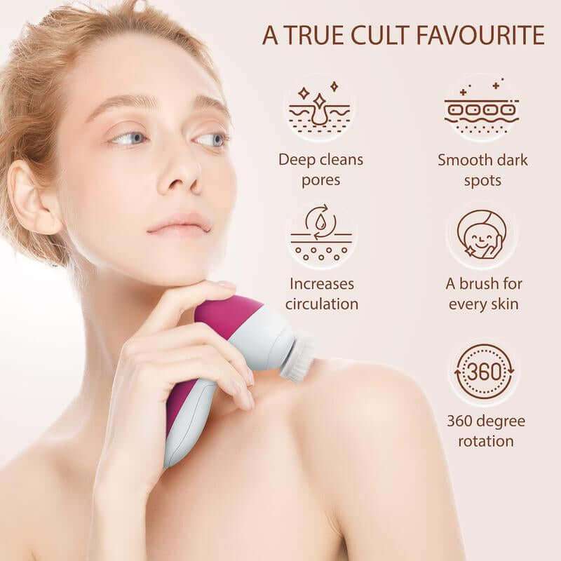 5-in-1 facial cleansing brush with seven interchangeable heads for deep skin cleansing and exfoliation