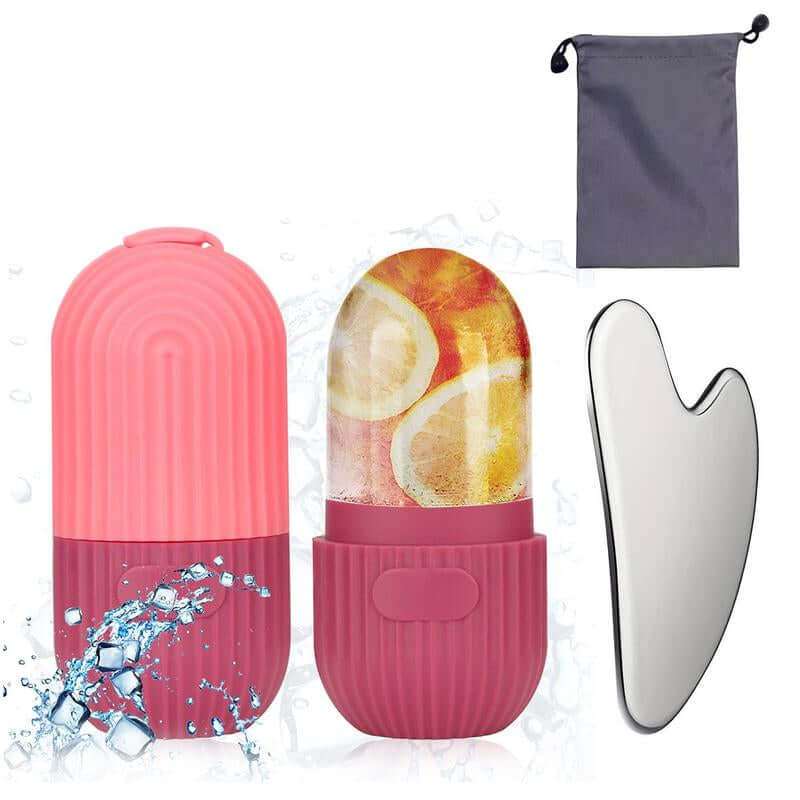 Facial Ice & Gua Sha Set with silicone ice mold, ice roller, and stainless steel gua sha tool for skin firming and rejuvenation