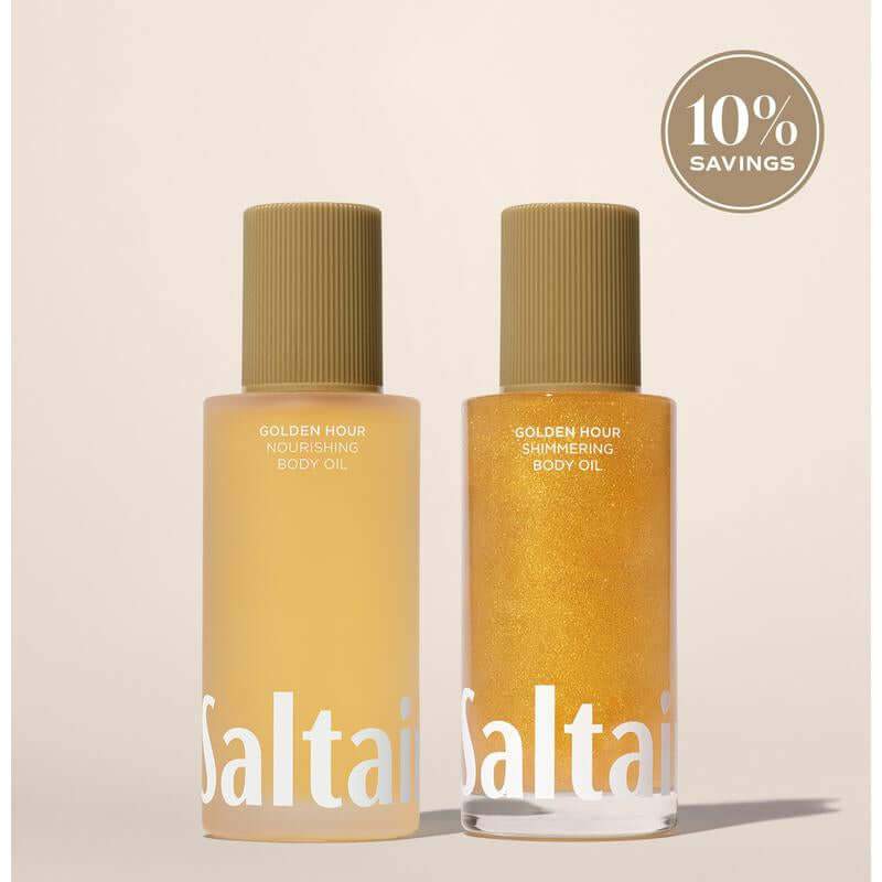 Golden Hour Shimmer Oil duo with nourishing and shimmering body oils for radiant, hydrated skin