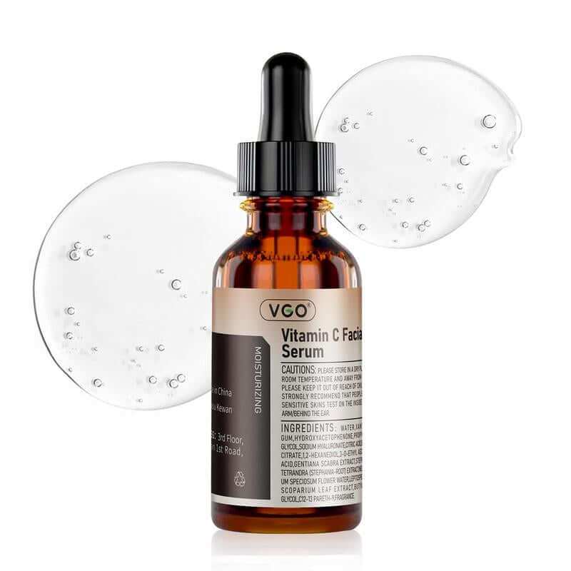 VGO Daily Glow Vitamin C Serum bottle with vibrant orange background showcasing skincare product benefits