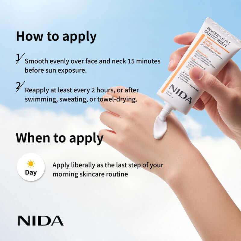 NIDA Invisible Fit Sunscreen SPF 50 with lightweight, invisible, broad spectrum sun protection