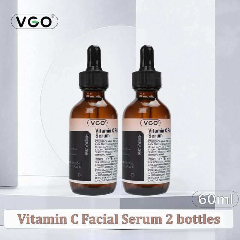 VGO Daily Glow Vitamin C Serum bottle with splash of serum and natural ingredients background