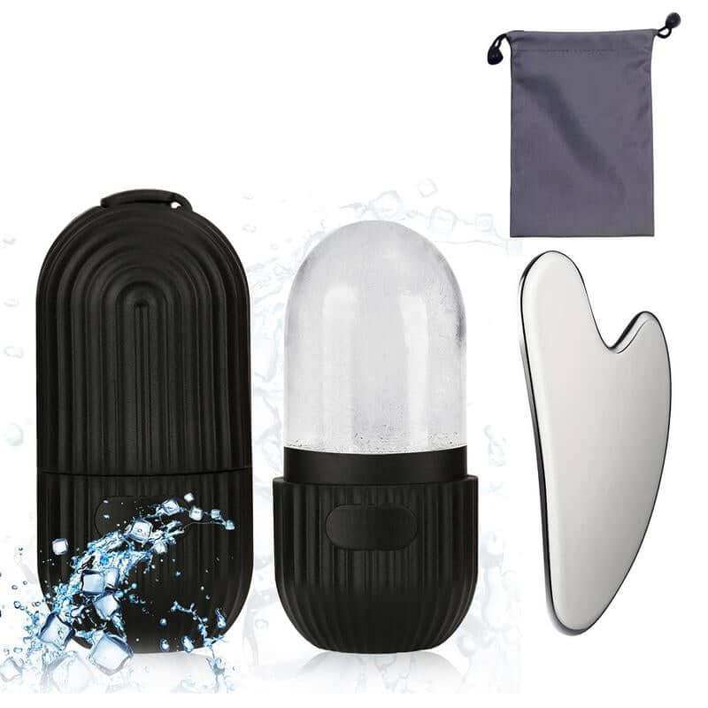 Facial Ice and Gua Sha Set with silicone mold, ice roller, and stainless steel tool for skincare and anti-aging benefits