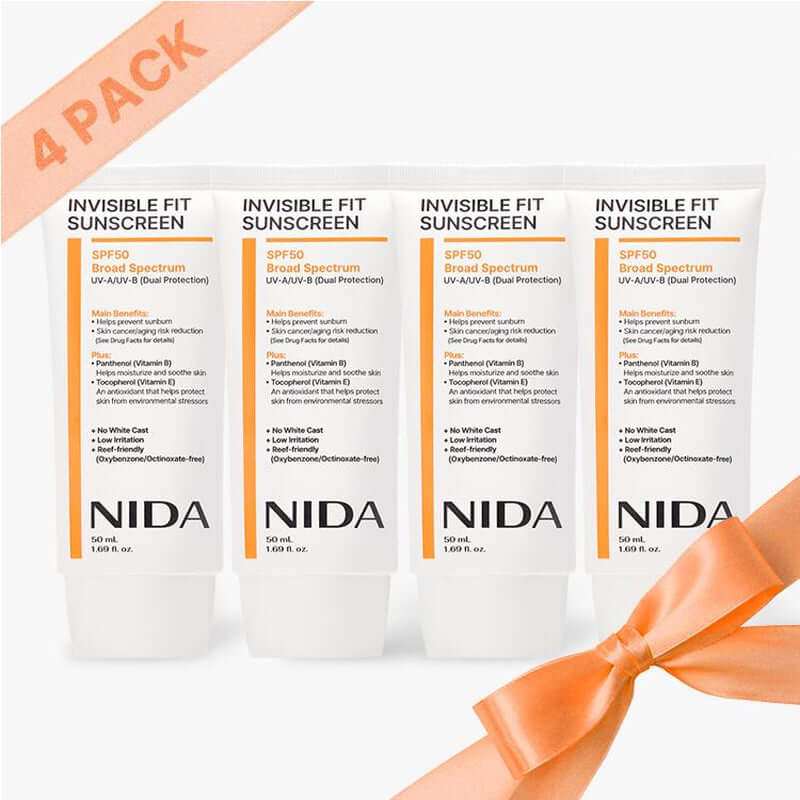 NIDA Invisible Fit Sunscreen SPF 50 tube with lightweight, invisible sun protection for sensitive skin