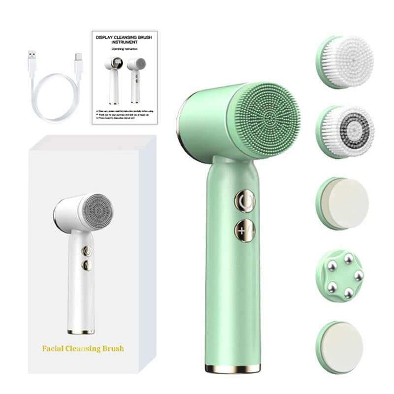 Electric cleansing brush set with six interchangeable brush heads for deep facial cleansing and exfoliation
