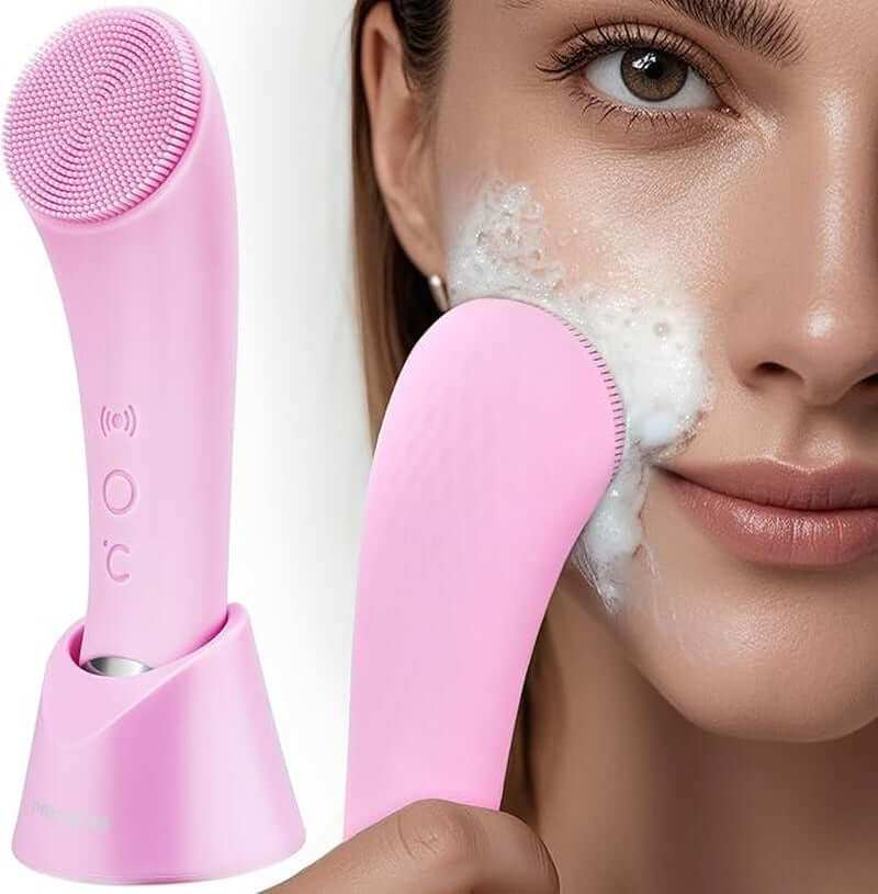 PRITECH Sonic Cleansing Brush with vibration deep cleaning, metal heat end, silicone bristles, facial massage, and practical stand base