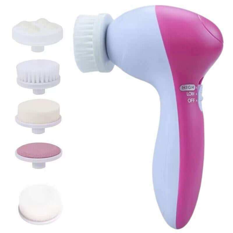 5-in-1 facial cleansing brush with seven interchangeable heads and waterproof design