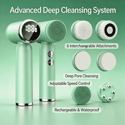 Electric facial cleansing brush set with six interchangeable gentle exfoliating brush heads for deep cleansing and skin care
