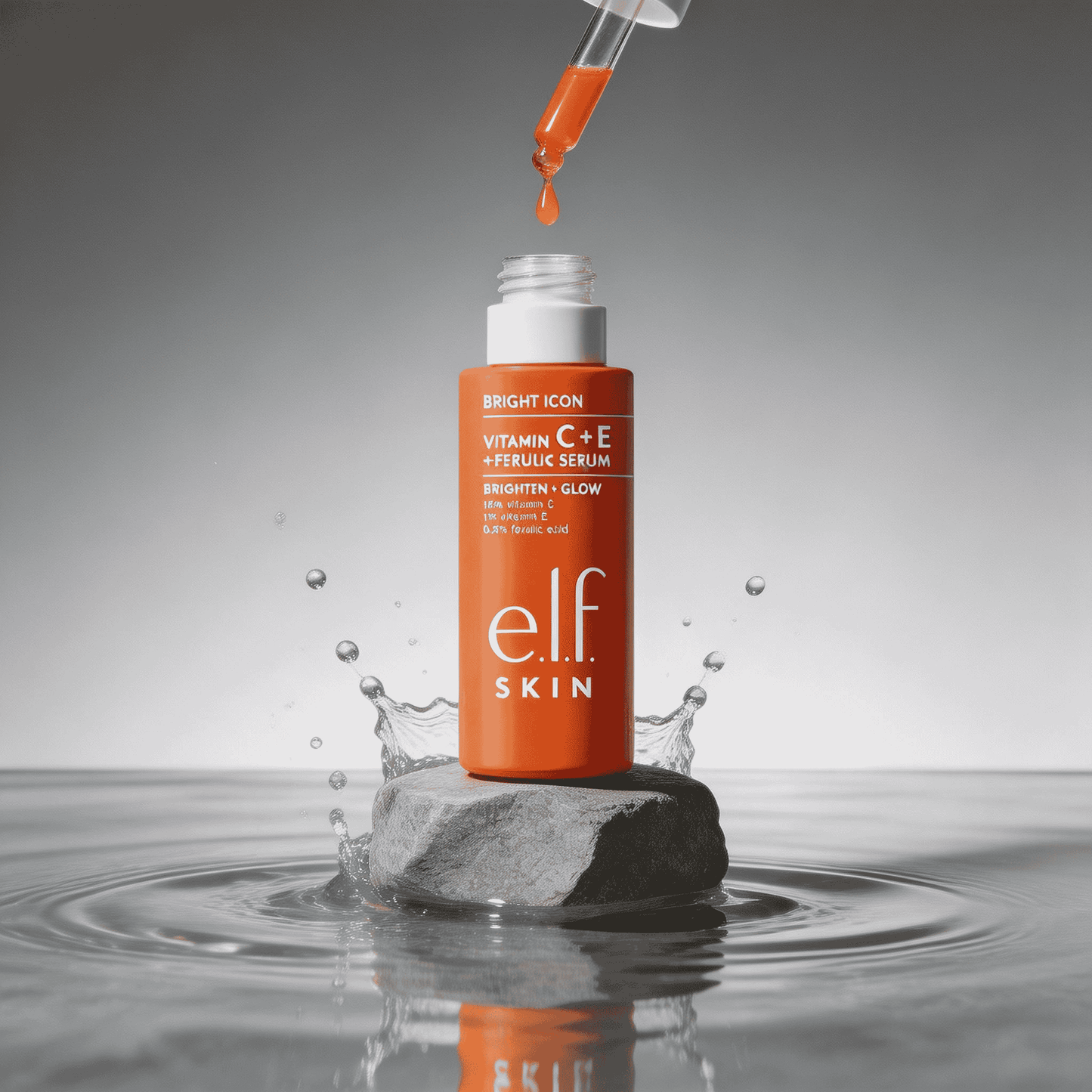 Bright Icon C+E Radiance Serum bottle showcasing vitamin C, E, and ferulic acid for glowing skin.
