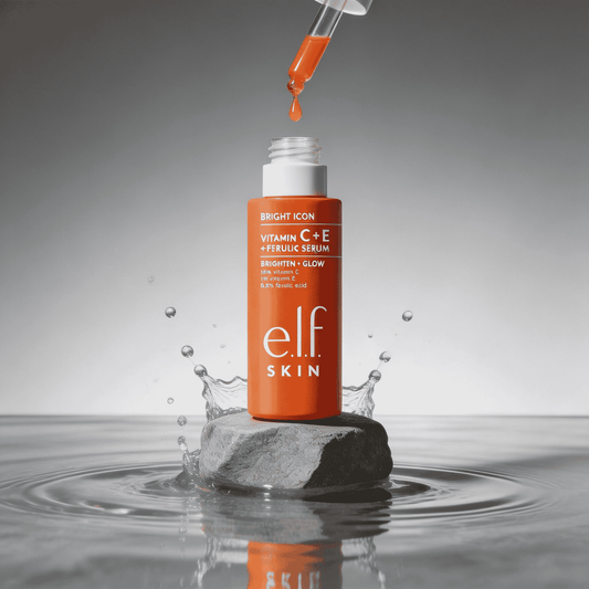Bright Icon C+E Radiance Serum bottle showcasing vitamin C, E, and ferulic acid for glowing skin.