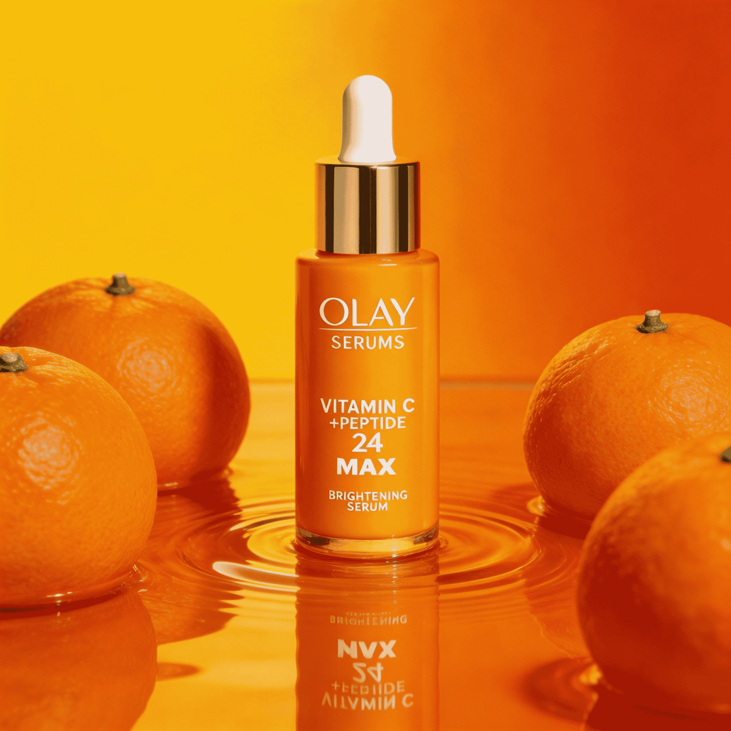 Olay Vitamin C Peptide Glow Serum bottle with brightening citrus design on white background