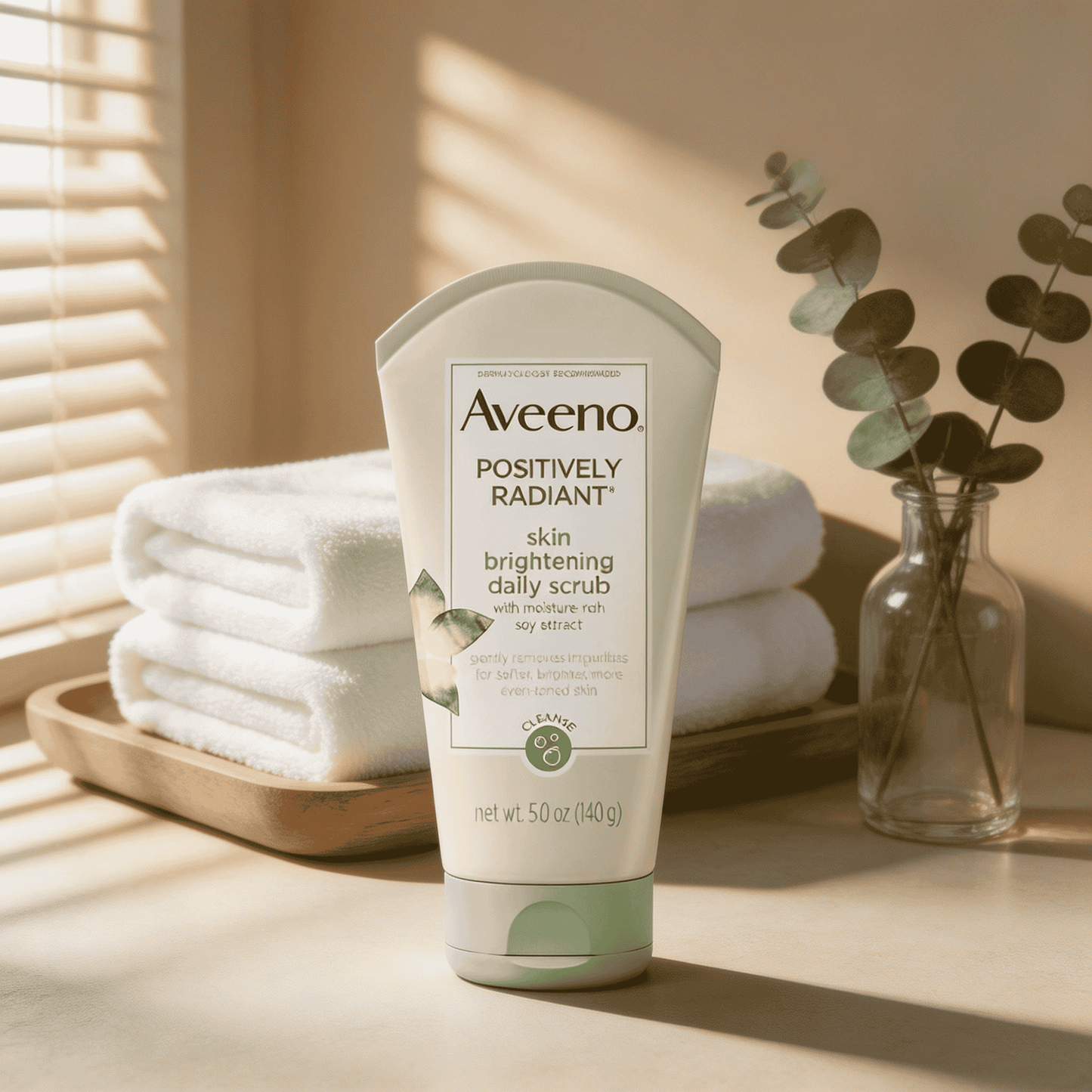 Aveeno Daily Radiance Exfoliating Scrub tube with soy extract and brightening formula for radiant skin