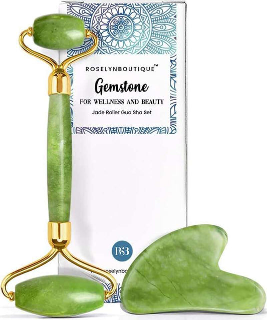 Jade Roller & Gua Sha Set for rejuvenating, slimming skin, reducing puffiness, and enhancing facial contour.