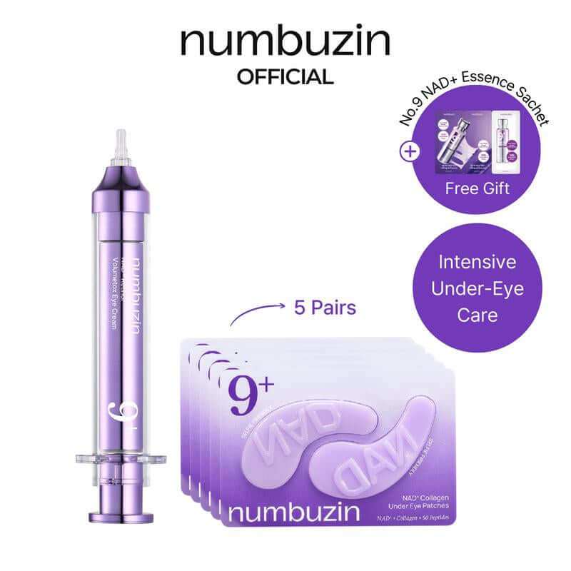 NAD+ Brightening Eye Patches with glittery purple design for under-eye rejuvenation and depuffing