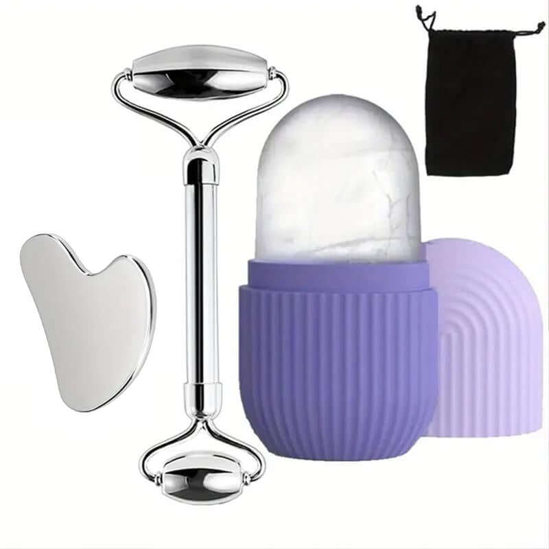 3 in 1 Ice Roller & Gua Sha Set with stainless steel ice roller, gua sha tool, and storage bag for facial massage and skincare benefits