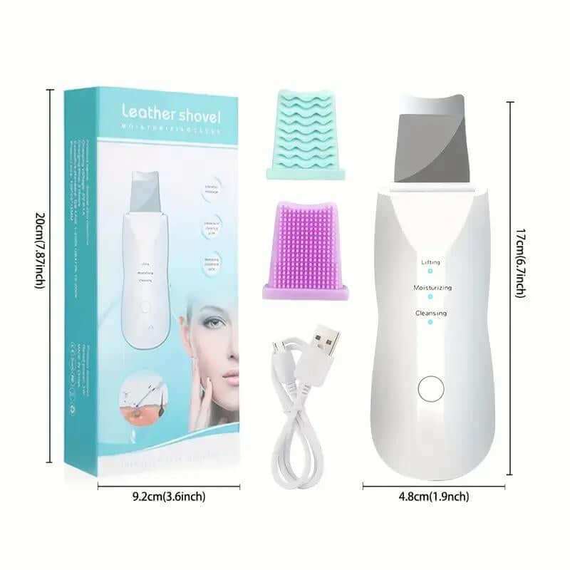 Electric Facial Cleansing Spatula handheld ultrasonic skin cleansing and vibration massage tool in white and blue design