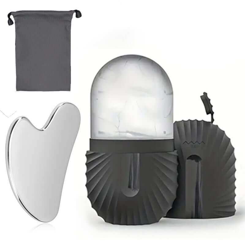 Facial Ice and Gua Sha Set with silicone mold, ice roller, and stainless steel tool for skin rejuvenation and anti-aging