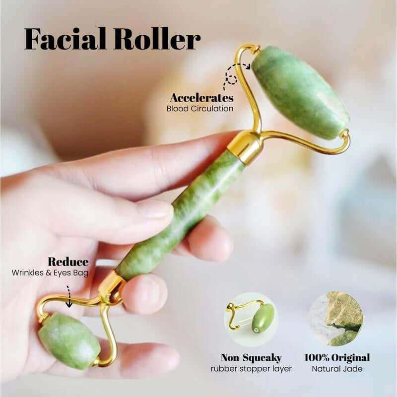 Jade Roller & Gua Sha Set for facial rejuvenation and slimming, promoting circulation and reducing puffiness