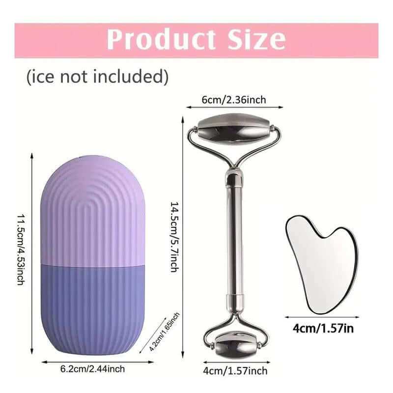 3 in 1 Ice Roller and Gua Sha Set with stainless steel tools and storage bag for facial massage and skincare relaxation
