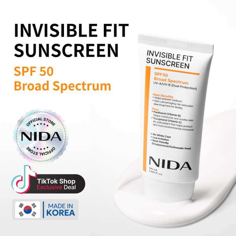 NIDA Invisible Fit Sunscreen SPF 50 bottle with lightweight, invisible sun protection and skin-nourishing formula