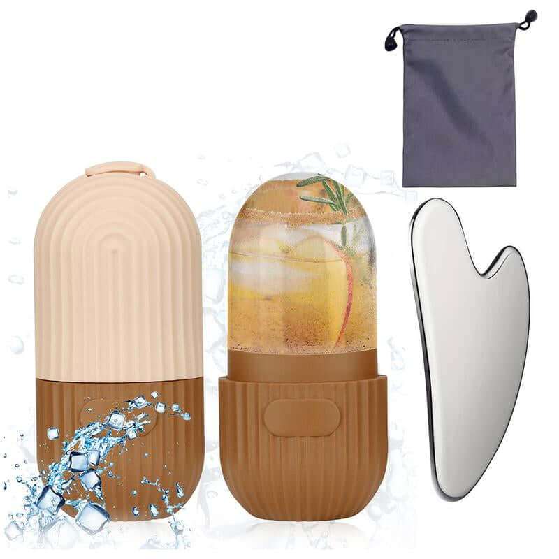 Facial Ice and Gua Sha Set with silicone ice mold, ice roller, and stainless steel tool for skincare and anti-aging