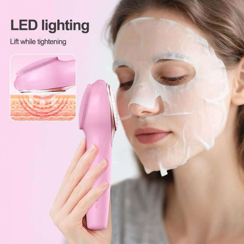 Premium silicone facial cleansing brush with red and blue light therapy features for deep skin cleansing and massage.