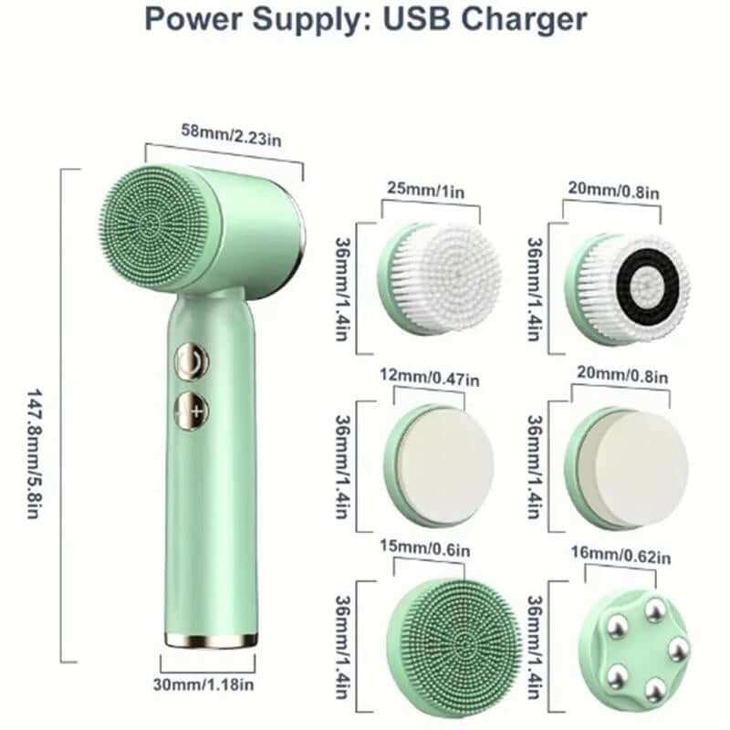 Electric cleansing brush set with six interchangeable heads for deep facial cleansing and exfoliation