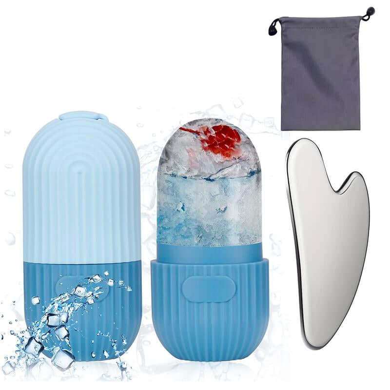 Facial Ice and Gua Sha Set with Silicone Ice Mold, Ice Roller, and Stainless Steel Tool for Firming and Rejuvenating Skin