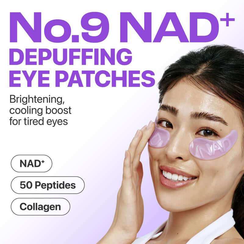 No.9 NAD+ Brightening Eye Patches with purple glitter for under-eye depuffing and brightening