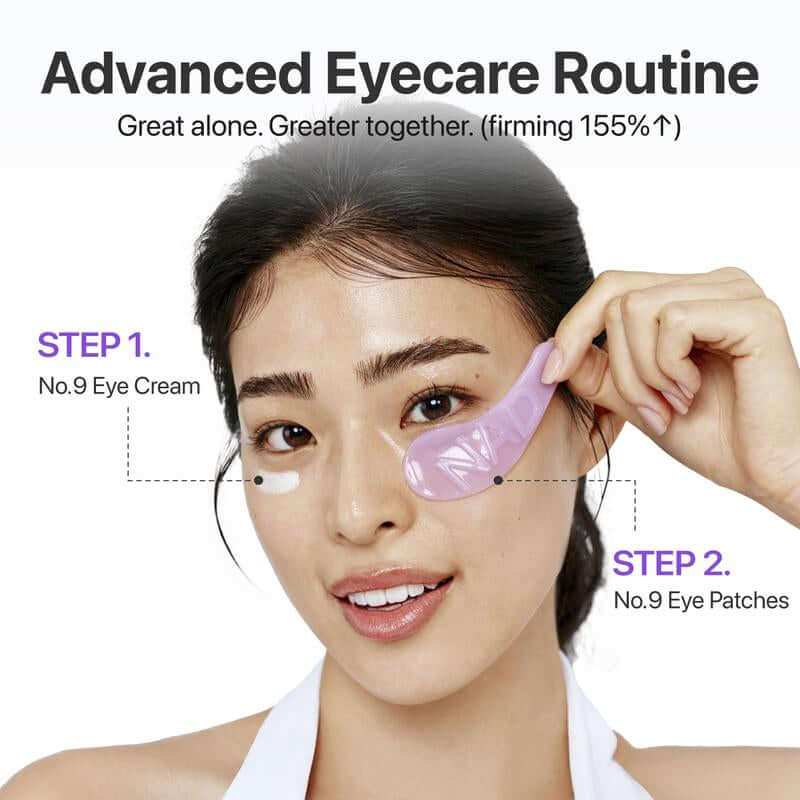 NAD+ brightening eye patches with purple glitter for reducing puffiness and dark circles under eyes