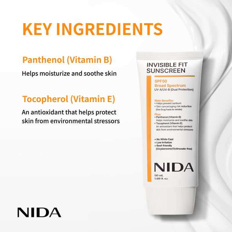 NIDA Invisible Fit Sunscreen SPF 50 bottle with lightweight, invisible sun protection for sensitive skin