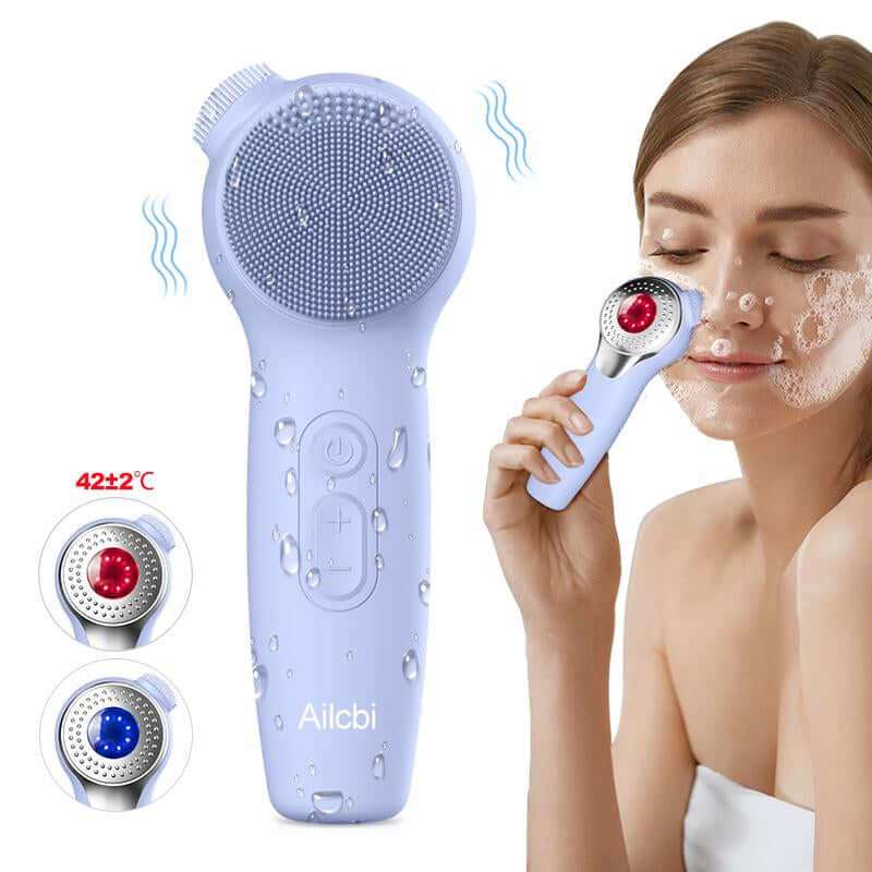 Electric silicone facial cleansing brush with red and blue light therapy for deep skin cleansing and rejuvenation