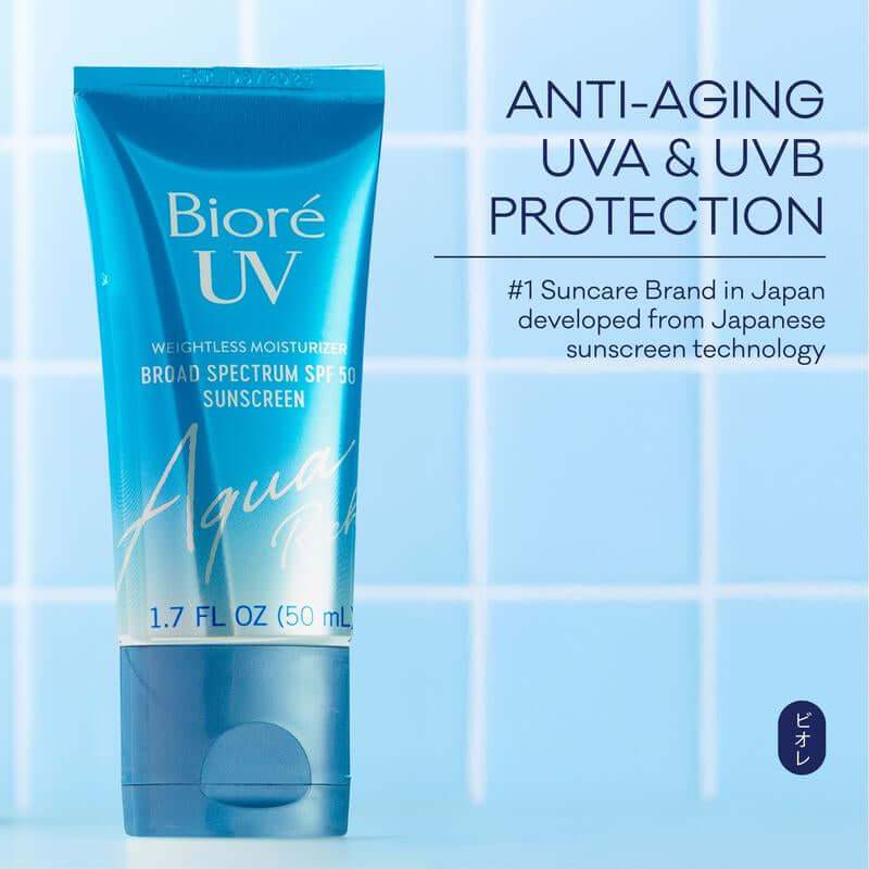 Bioré Aqua Rich UV Shield SPF 50 facial moisturizer and primer tube with sun protection and hydration benefits