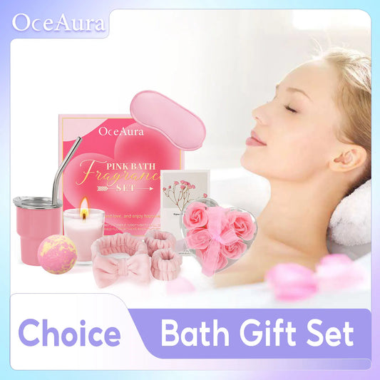 9 Piece Pink Bath Fragrance Set Contains Bath Bombs Hair Band Cup Scented Candle Etc Clean Body Relaxing Bath Kit for Woman Gift