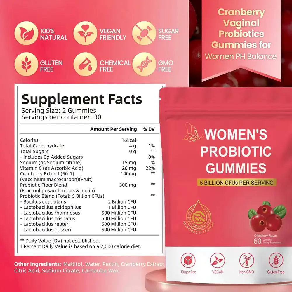 Women Probiotic Gummies, Feminine Balance Gummies, Cranberry Probiotics for Woman Vaginal Health, Yeast pH Balance | 60 Gummies